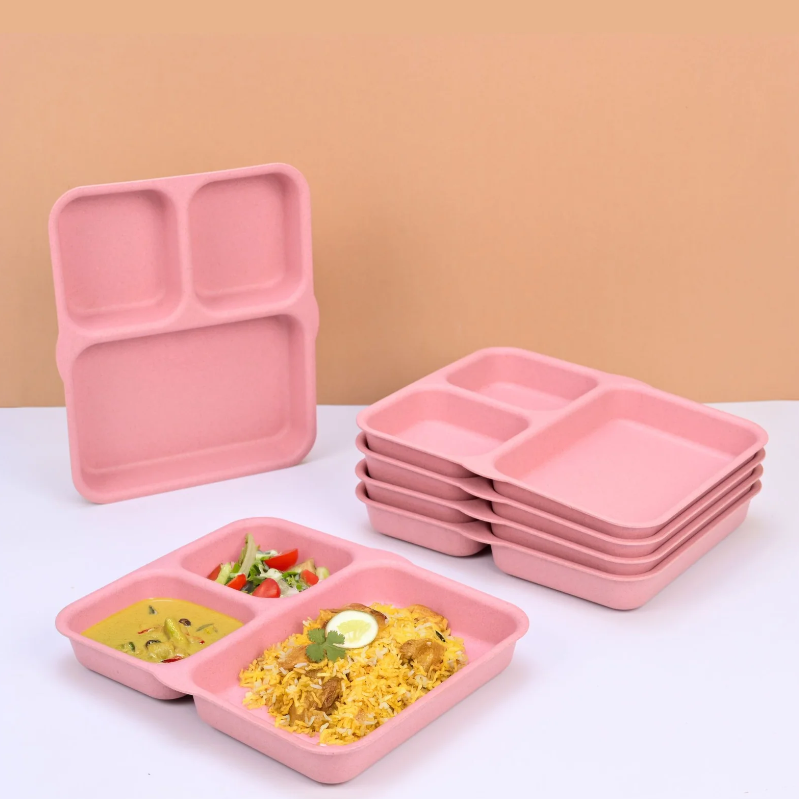 Earth Friendly 3 Partition Plates for Kids |8 inch | Made with Rice Husk | Breakfast Plates | Lunch Plates | Unbreakable Dinner Plates Set | Microwave Safe Plates