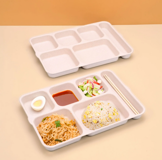 Earth Friendly 6 Partition Plates | 14 inch | Made with Rice Husk | Breakfast Plates | Lunch Plates | Unbreakable Dinner Plates Set | Microwave Safe Plates