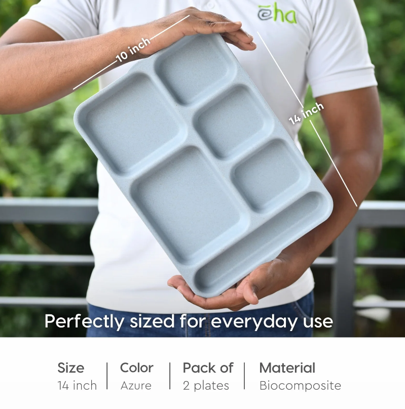 Earth Friendly 6 Partition Plates | 14 inch | Made with Rice Husk | Breakfast Plates | Lunch Plates | Unbreakable Dinner Plates Set | Microwave Safe Plates