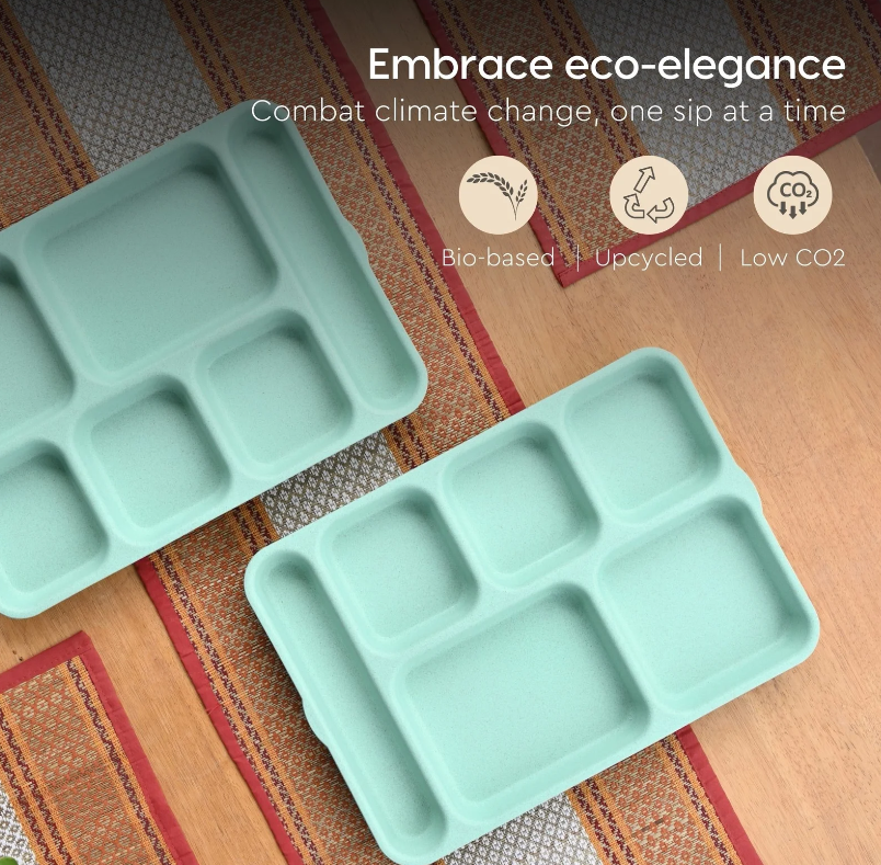 Earth Friendly 6 Partition Plates | 14 inch | Made with Rice Husk | Breakfast Plates | Lunch Plates | Unbreakable Dinner Plates Set | Microwave Safe Plates